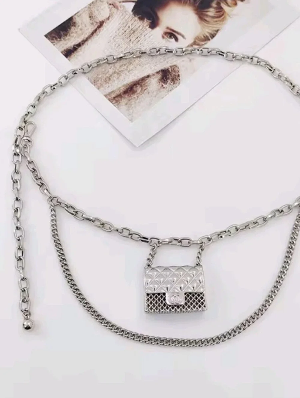 Silver Double Chain Belt with Quilted Purse Charm